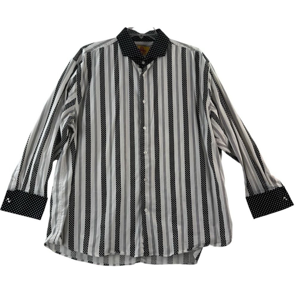 R Lewis Mens Shirt Black & White Polka Dots & Stripes French Cuffs 18 1/2  34/35